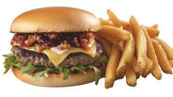 Savor the mouthwatering flavors of a juicy cheeseburger with bacon and crispy fries photo