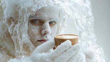 A captivating moment where a person enveloped in froth cradles a warm beverage photo
