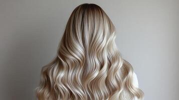 Beautiful wavy hair cascades down smoothly, creating an enchanting and elegant look photo