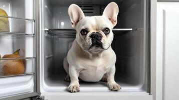 A playful French Bulldog sits inside an open refrigerator, looking inquisitive photo