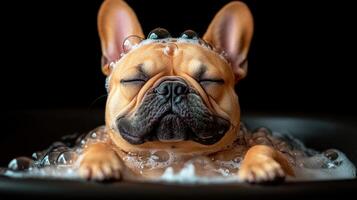French Bulldog soaks in warm bubbles, radiating tranquility and happiness photo