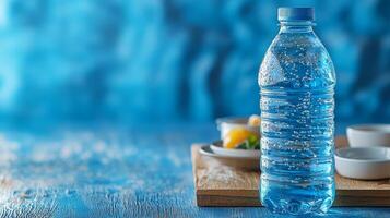 Refreshing water bottle surrounded by vibrant dishes on a wooden table with a soothing blue background in a cozy setting photo