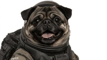 This adorable pug, dressed as an astronaut, exudes joy and curiosity, waiting for a space mission photo