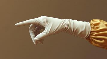 A gloved hand extends elegantly, pointing to an unseen spot in a warm backdrop photo