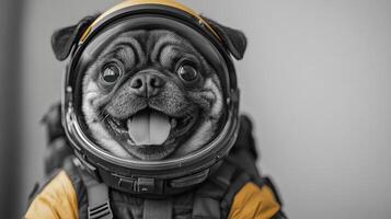 A cheerful dog dressed in a shiny spacesuit showcases a playful spirit, eager for adventure photo
