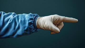 A gloved hand directs attention with a pointed gesture, suggesting authority in a clinical setting photo