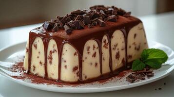 A delicious dessert with layers of chocolate mousse, shavings, and a mint garnish photo