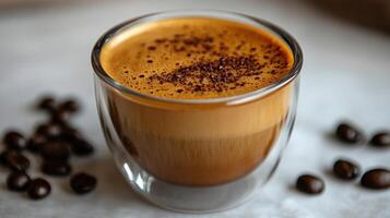 A warm cup of coffee rests on a surface, surrounded by scattered coffee beans, inviting enjoyment photo