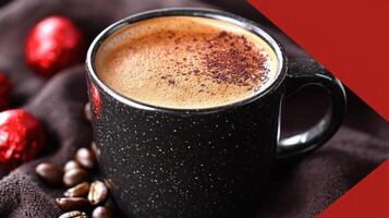 Rich coffee fills a black cup, surrounded by coffee beans and bright chocolates, creating warmth photo