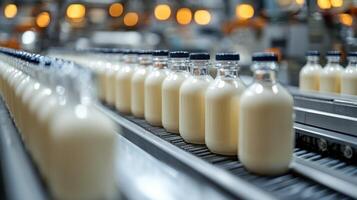 Fresh milk bottles are being transported on a conveyor belt in a busy dairy processing plant photo