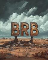 Illustration of BRB in rustic metallic letters on a moody landscape background and clouds photo