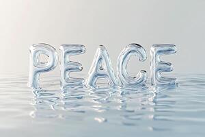Illustration of 3d PEACE formed from water letters floating on a serene surface liquid typography photo
