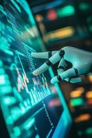 Robotic hand interacting with futuristic data analysis touchscreen photo