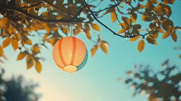 Low angle view of a colorful paper lantern hanging from a tree branch against clear blue sky photo