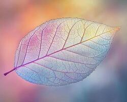 Macro image of translucent autumn leaf intricate vein patterns and warm gradient background photo