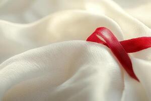Close-up of an red awareness ribbon on a soft beige fabric background photo