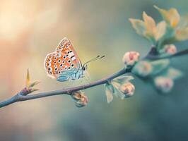 Macro photograph of butterfly emerging from its chrysalis on branch with soft glowing bokeh background lights photo
