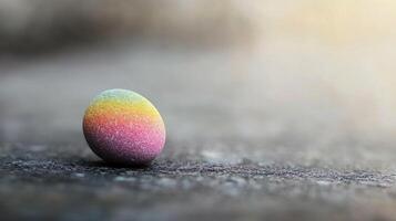 a colorful smooth pebble on a wet surface showcasing vibrant gradient hues and detailed texture of the stone photo