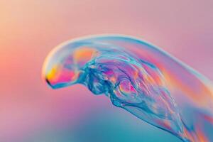 Macro photography of soap bubble capturing intricate details of its rainbow surface and intricate textures against a dreamy pastel background photo