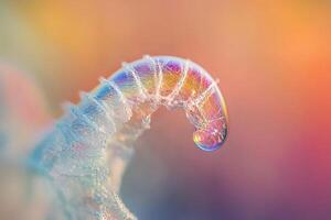 Macro photography of delicate soap bubble capturing intricate details of its rainbow surface and intricate textures against a dreamy pastel background photo