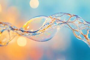 Macro photography of a delicate soap bubble capturing intricate details of its rainbow surface and intricate textures against dreamy pastel background photo