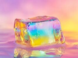 Macro of melting transparent ice cube refracting vivid rainbow colors against a gradient pastel background photo