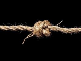 Macro photography of a frayed rope tied in delicate knot against a textured blue background highlighting rustic strength and resilience photo