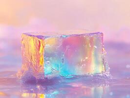 Macro melting transparent ice cube refracting vivid rainbow colors against a gradient pastel background photo