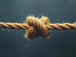 Macro photography of frayed rope tied in a delicate knot against a textured blue background highlighting rustic strength and resilience photo