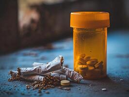 prescription bottle with pills next to broken cigarettes symbolizing addiction and recovery themes photo