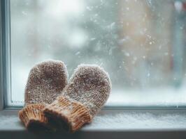 Macro photography of cozy woolen mittens resting on frosty windowsill during a snowy winter day with soft natural light photo