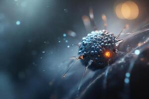 Macro photography of a luminous nanobot spider on textured surface in golden light with intricate details and floating particles photo
