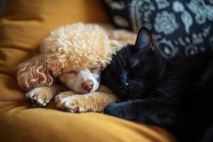 Adorable small poodle and black cat sleeping together peacefully on a cozy mustard cushion with a patterned background photo