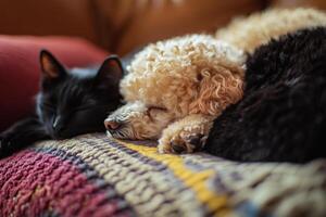 Adorable small poodle and black cat sleeping together peacefully on a cozy mustard-colored cushion with patterned background photo