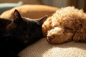 Adorable small poodle and black cat sleeping together peacefully on a cozy mustard colored cushion with a patterned background photo