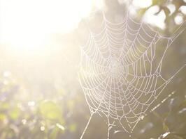 Macro photography of a spider web adorned with morning dew drops glistening in soft sunlight against a natural blurred background photo