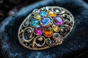 Macro photography of a vintage brooch with colorful gemstones in gold filigree setting on velvet fabric background photo