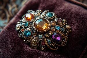 Macro photography of a vintage brooch with colorful gemstones in ornate gold filigree setting on velvet fabric background photo