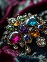 Macro photography of a vintage brooch with colorful gemstones in ornate gold filigree setting velvet fabric background photo