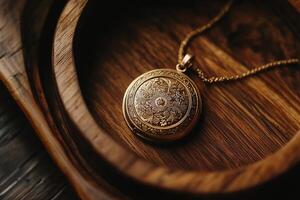 Macro photography of a vintage gold locket necklace with intricate engravings displayed on a rustic wooden box photo
