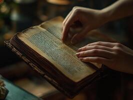 Hands turning pages of an antique book with textured paper in warm ambient light evoking nostalgia and historical storytelling photo
