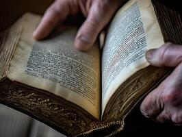 Hands turning pages of antique book with textured paper in warm ambient light evoking nostalgia and historical storytelling photo