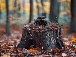 Abandoned bird nest resting on a tree stump surrounded by fallen leaves in forest photo