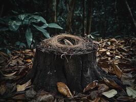 Abandoned bird nest resting on a chopped down tree stump surrounded by fallen leaves in a tranquil forest photo