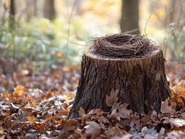 Abandoned bird nest resting on a tree stump surrounded by fallen leaves in tranquil forest photo