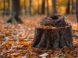 Abandoned bird nest resting on tree stump surrounded by fallen leaves in a tranquil forest photo