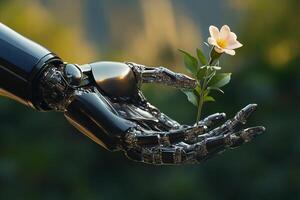 Advanced robotic hand gently offering delicate white flower symbolizing harmony of technology and nature photo