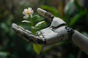 Advanced robotic hand gently holding delicate white flower symbolizing harmony of technology and nature photo