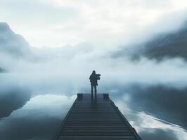 Serene scene of a photographer on a wooden dock overlooking a misty lake surrounded by mountains photo