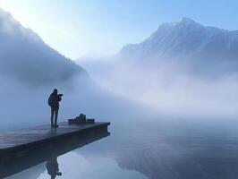 Serene scene of photographer on a wooden dock overlooking a misty lake surrounded by mountains photo